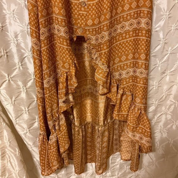 VICI Bohemian Off-Shoulder Maxi Dress - Brown Tan High Low Ruffle Boho Festival - Picture 7 of 13